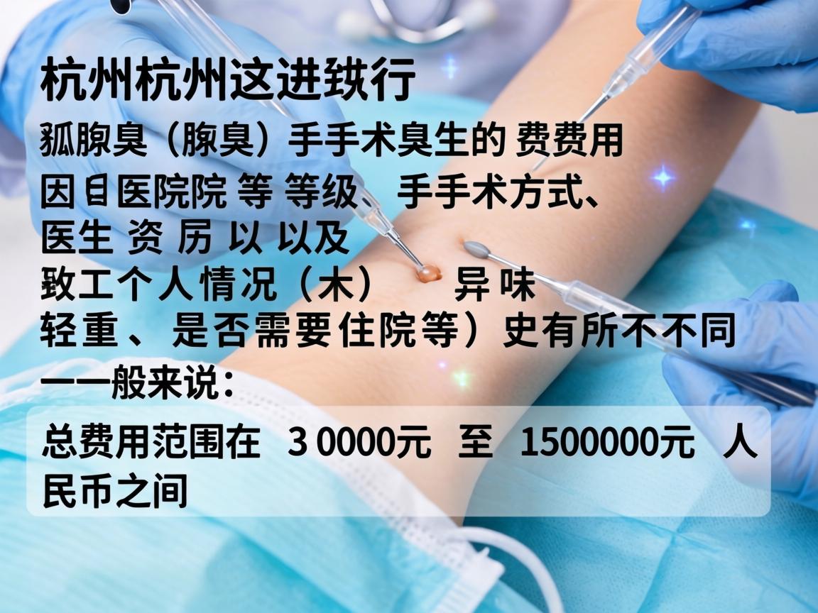 在杭州进行狐臭（腋臭）手术的费用因医院等级、手术方式、医生资历以及个人情况（如异味轻重、是否需要住院等）而有所不同。一般来说，总费用范围大致在 3000元 至 15000元 人民币之间