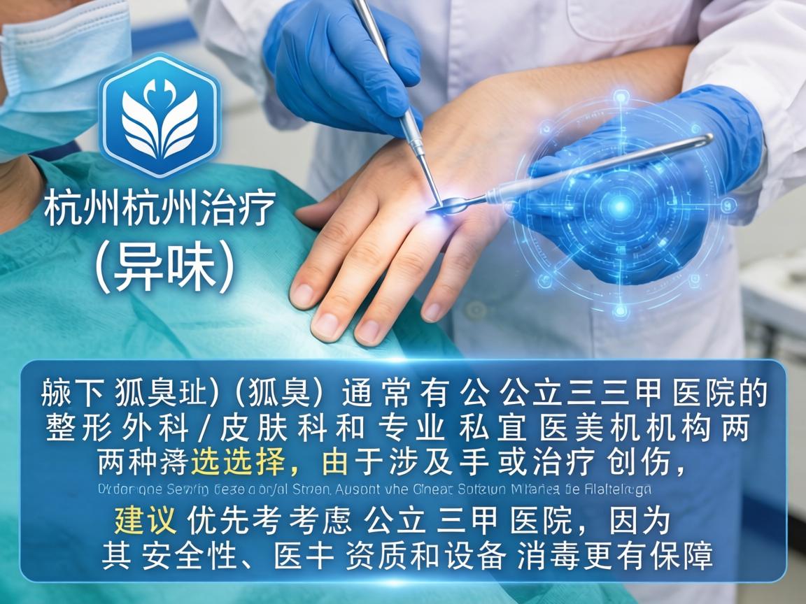 在杭州,治疗腋下异味(狐臭)通常有公立三甲医院的整形外科/皮肤科和专业私立医美机构两种选择。由于涉及手术或治疗创伤,建议优先考虑公立三甲医院,因为其安全性、医生资质和设备消毒更有保障 在杭州,治疗腋下异味(狐臭)通常有公立三甲医院的整形外科/皮肤科和专业私立医美机构两种选择。由于涉及手术或治疗创伤,建议优先考虑公立三甲医院,因为其安全性、医生资质和设备消毒更有保障