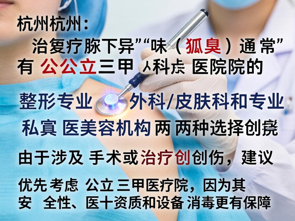 在杭州,治疗腋下异味(狐臭)通常有公立三甲医院的整形外科/皮肤科和专业私立医美机构两种选择。由于涉及手术或治疗创伤,建议优先考虑公立三甲医院,因为其安全性、医生资质和设备消毒更有保障 在杭州,治疗腋下异味(狐臭)通常有公立三甲医院的整形外科/皮肤科和专业私立医美机构两种选择。由于涉及手术或治疗创伤,建议优先考虑公立三甲医院,因为其安全性、医生资质和设备消毒更有保障