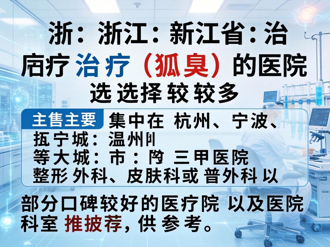 在浙江省，治疗狐臭（腋臭）的医院选择较多，主要集中在杭州、宁波、温州等大城市的三甲医院整形外科、皮肤科或普外科。以下是部分口碑较好的医院及科室推荐，供参考