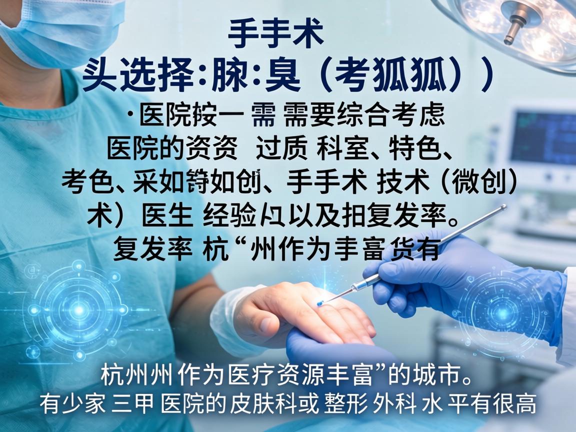 选择腋臭（狐臭）手术医院，需要综合考虑医院的资质、科室特色、手术技术（如微创）医生经验以及复发率。杭州作为医疗资源丰富的城市，有多家三甲医院的皮肤科或整形外科水平很高
