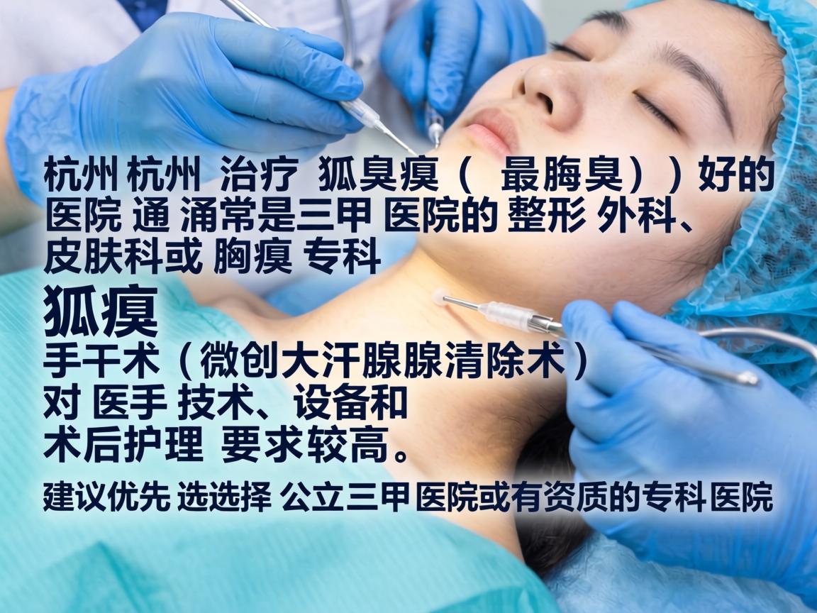 在杭州，治疗狐臭（腋臭）最好的医院通常是三甲医院的整形外科、皮肤科或腋臭专科。狐臭手术（微创大汗腺清除术）对医生技术、设备和术后护理要求较高，建议优先选择公立三甲医院或有资质的专科医院