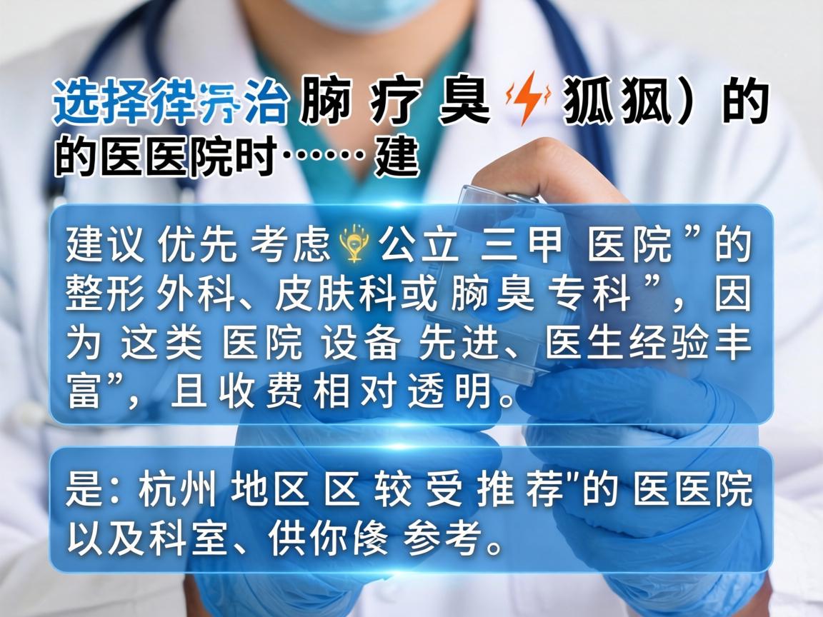 选择治疗腋臭（狐臭）的医院时，建议优先考虑公立三甲医院的整形外科、皮肤科或腋臭专科，因为这类医院设备先进、医生经验丰富，且收费相对透明。以下是杭州地区较受推荐的医院及科室，供你参考