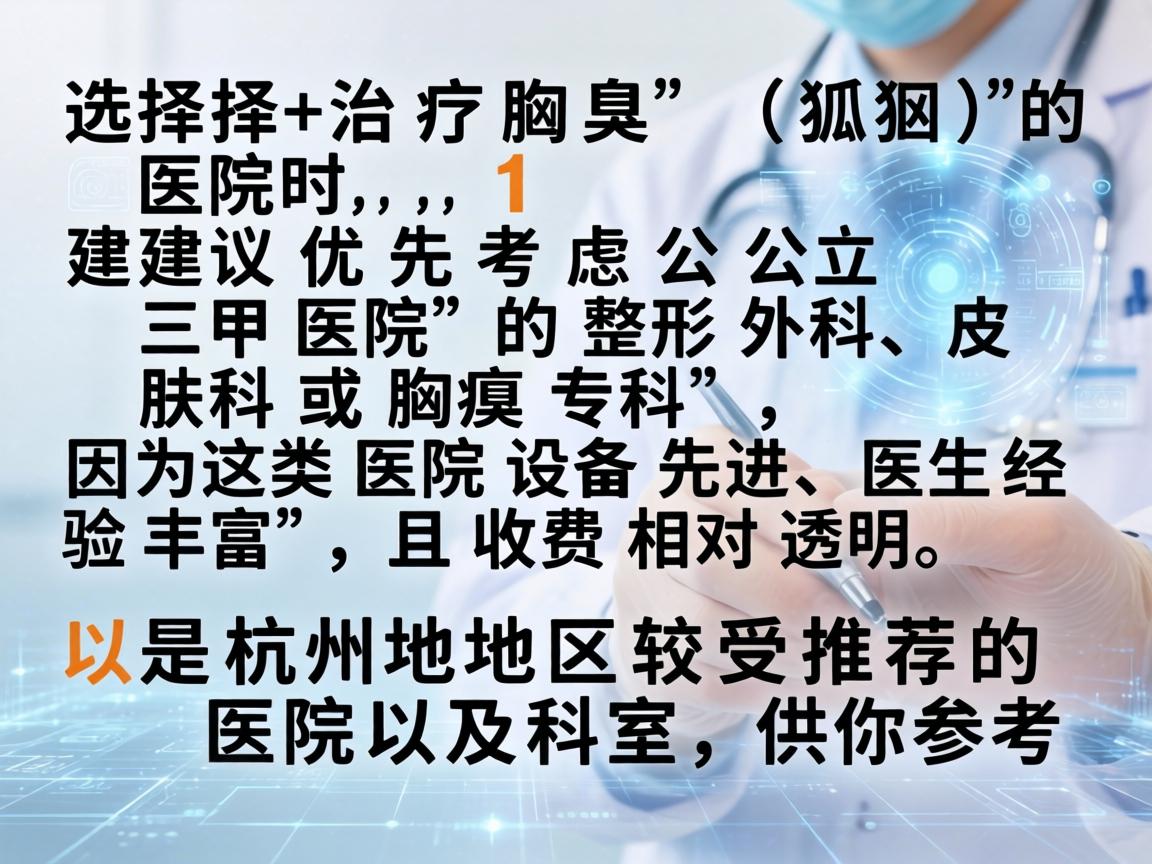 选择治疗腋臭（狐臭）的医院时，建议优先考虑公立三甲医院的整形外科、皮肤科或腋臭专科，因为这类医院设备先进、医生经验丰富，且收费相对透明。以下是杭州地区较受推荐的医院及科室，供你参考