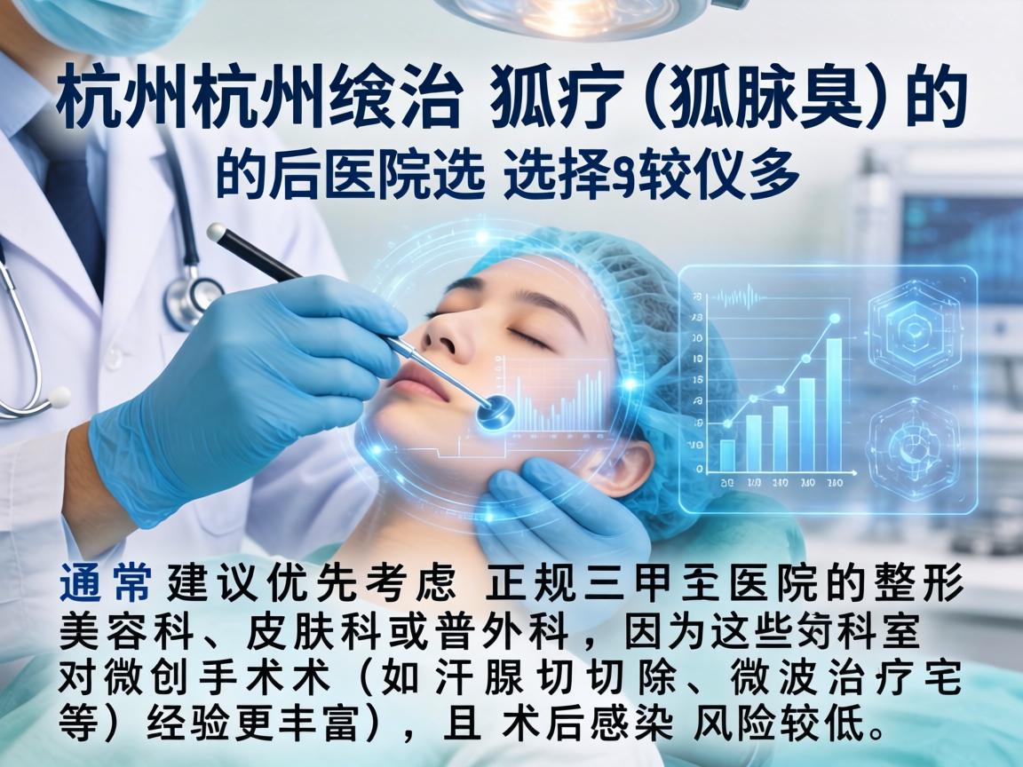 在杭州，治疗狐臭（腋臭）的医院选择较多，通常建议优先考虑正规三甲医院的整形美容科、皮肤科或普外科，因为这些科室对微创手术（如汗腺切除、微波治疗等）经验更丰富，且术后感染风险较低