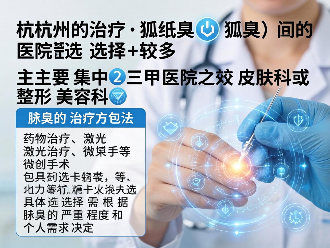 杭州治疗腋臭（狐臭）的医院选择较多，主要集中在三甲医院的皮肤科或整形美容科。腋臭的治疗方法包括药物治疗、激光治疗、微创手术等，具体选择需根据腋臭的严重程度和个人需求决定