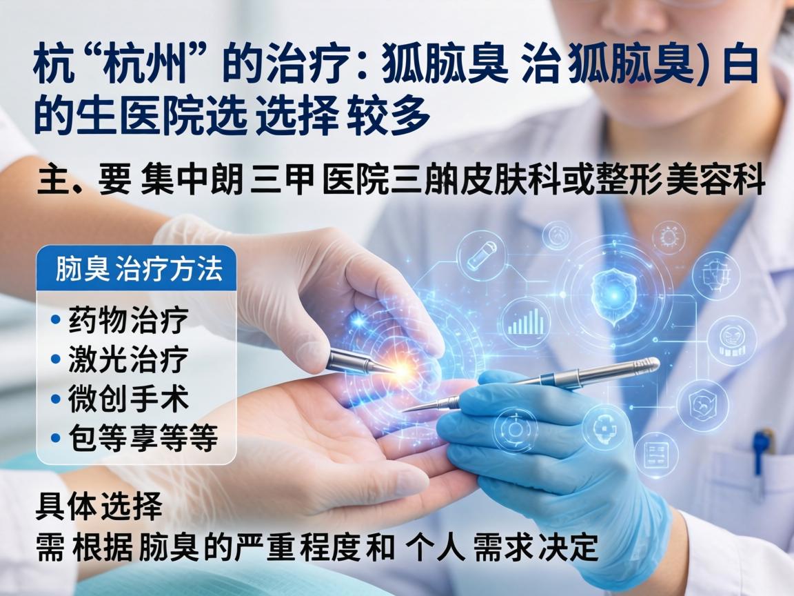 杭州治疗腋臭（狐臭）的医院选择较多，主要集中在三甲医院的皮肤科或整形美容科。腋臭的治疗方法包括药物治疗、激光治疗、微创手术等，具体选择需根据腋臭的严重程度和个人需求决定