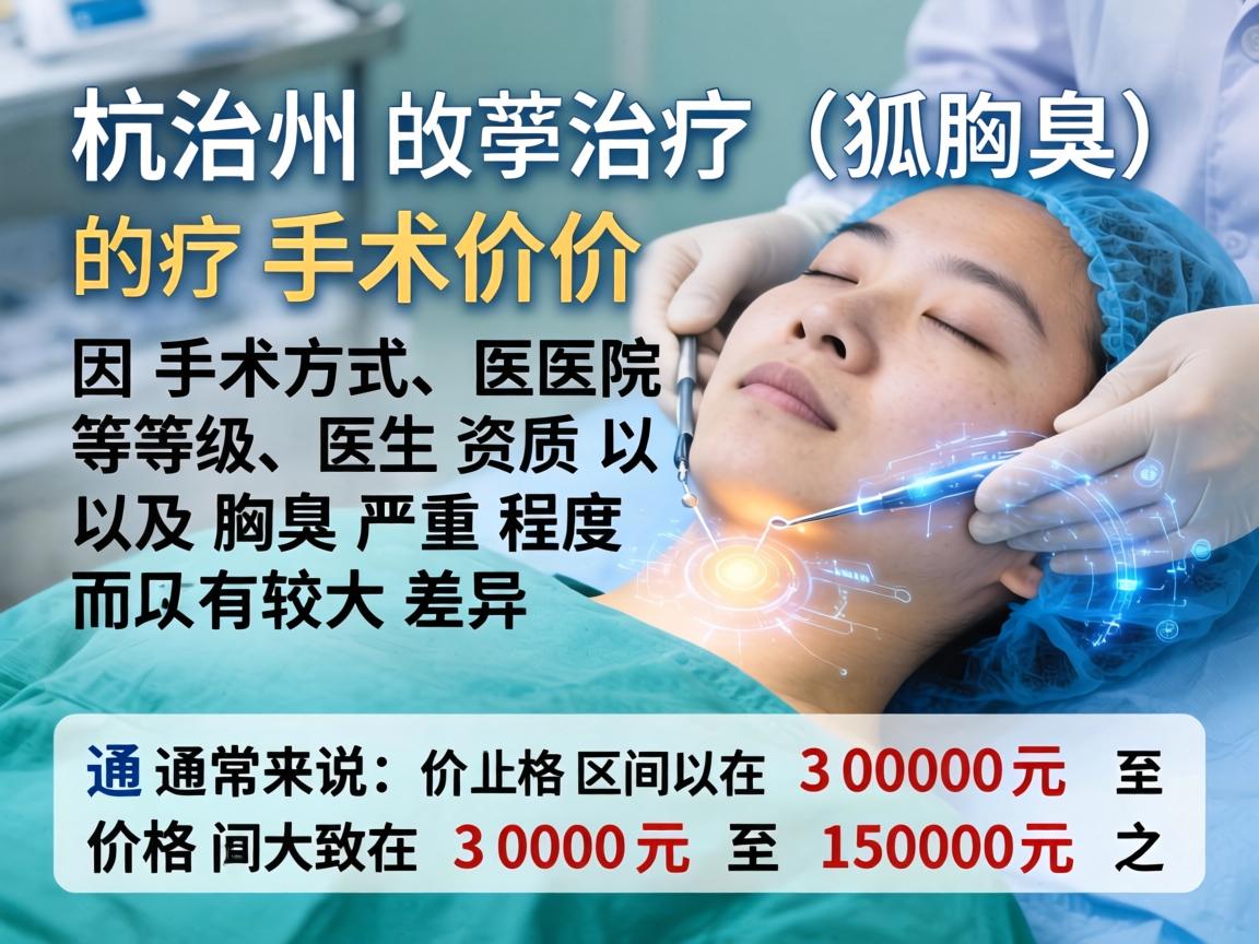在杭州，治疗狐臭（腋臭）的手术价格因手术方式、医院等级、医生资质以及腋臭严重程度而有较大差异。通常来说，价格区间大致在 3000元 至 15000元 之间