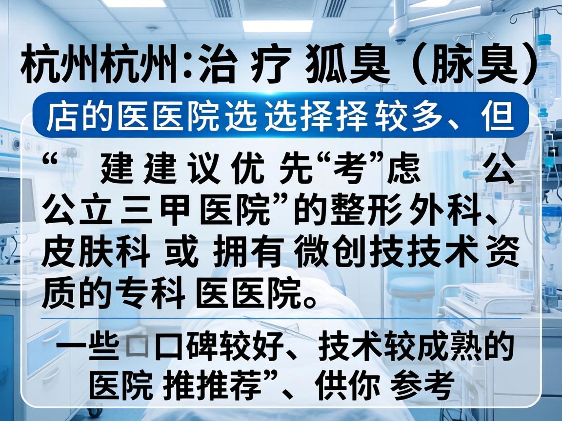 在杭州，治疗狐臭（腋臭）的医院选择较多，但建议优先考虑公立三甲医院的整形外科、皮肤科或拥有微创技术资质的专科医院。以下是一些口碑较好、技术较成熟的医院推荐，供你参考