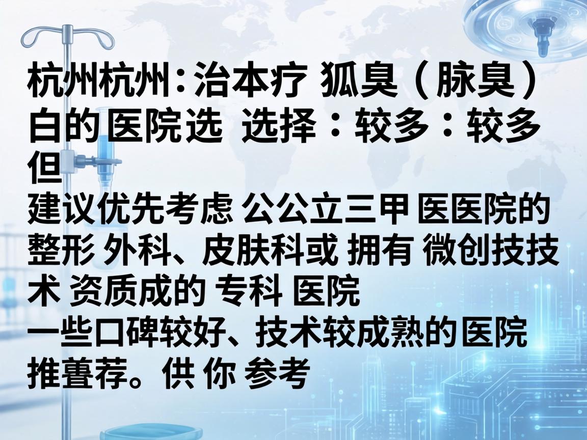 在杭州，治疗狐臭（腋臭）的医院选择较多，但建议优先考虑公立三甲医院的整形外科、皮肤科或拥有微创技术资质的专科医院。以下是一些口碑较好、技术较成熟的医院推荐，供你参考