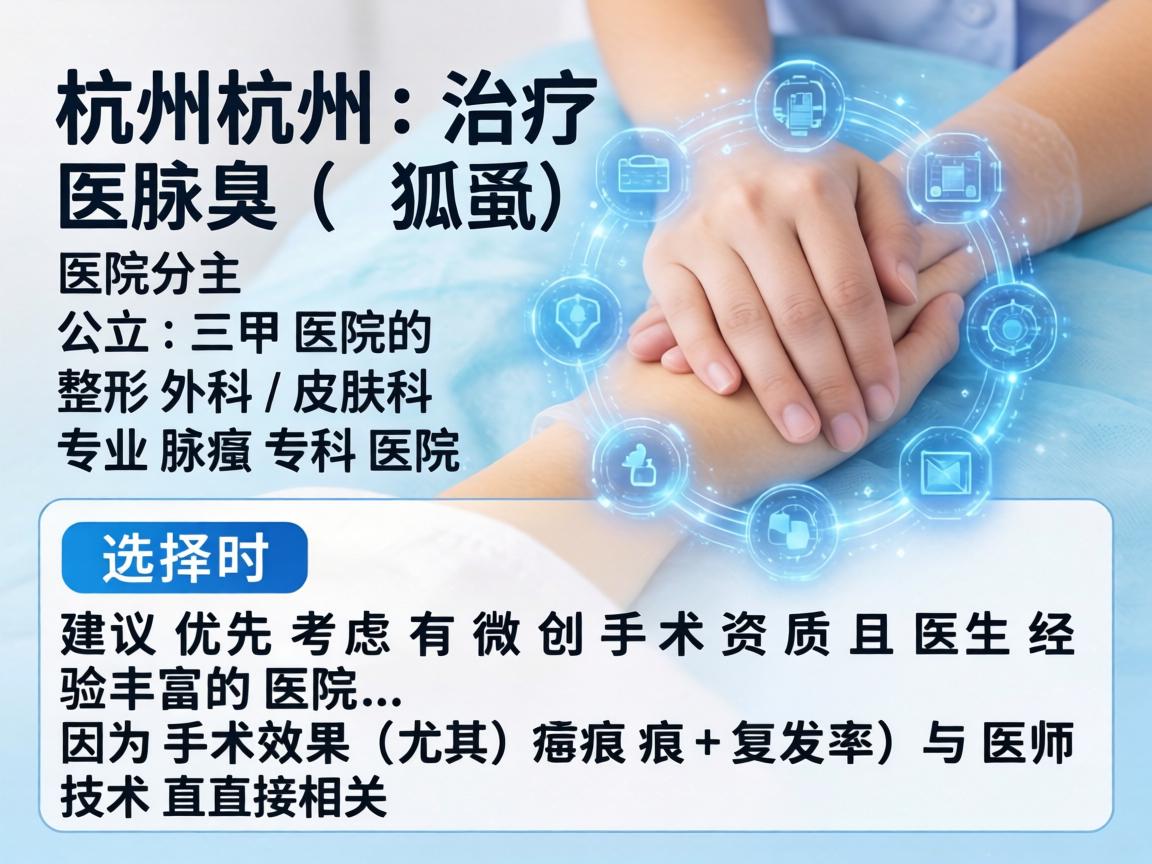 在杭州，治疗腋臭（狐臭）的医院主要分为公立三甲医院的整形外科/皮肤科和专业腋臭专科医院。选择时建议优先考虑有微创手术资质且医生经验丰富的医院，因为手术效果（尤其是疤痕和复发率）与医生技术直接相关