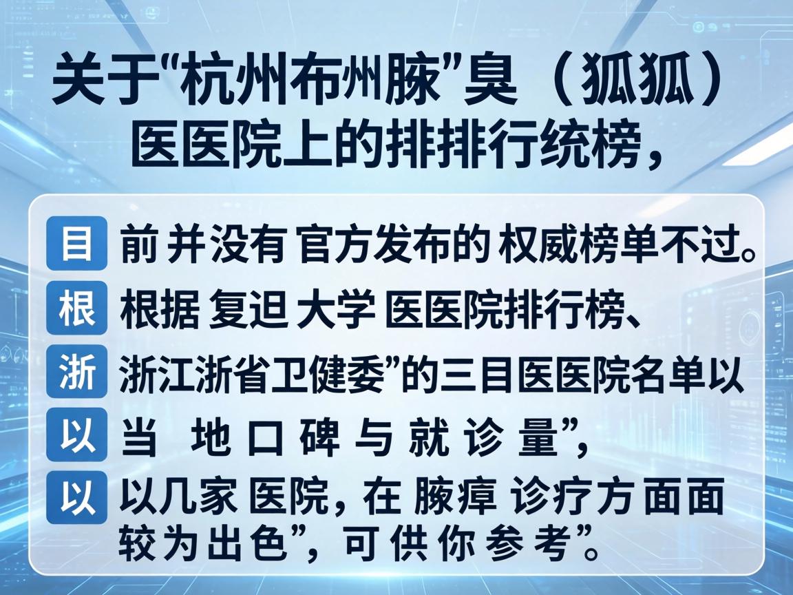 关于杭州腋臭（狐臭）医院的排行榜，目前并没有官方发布的权威榜单。不过，根据复旦大学医院排行榜、浙江省卫健委的三甲医院名单以及当地口碑与就诊量，以下几家医院在腋臭诊疗方面较为出色，可供你参考