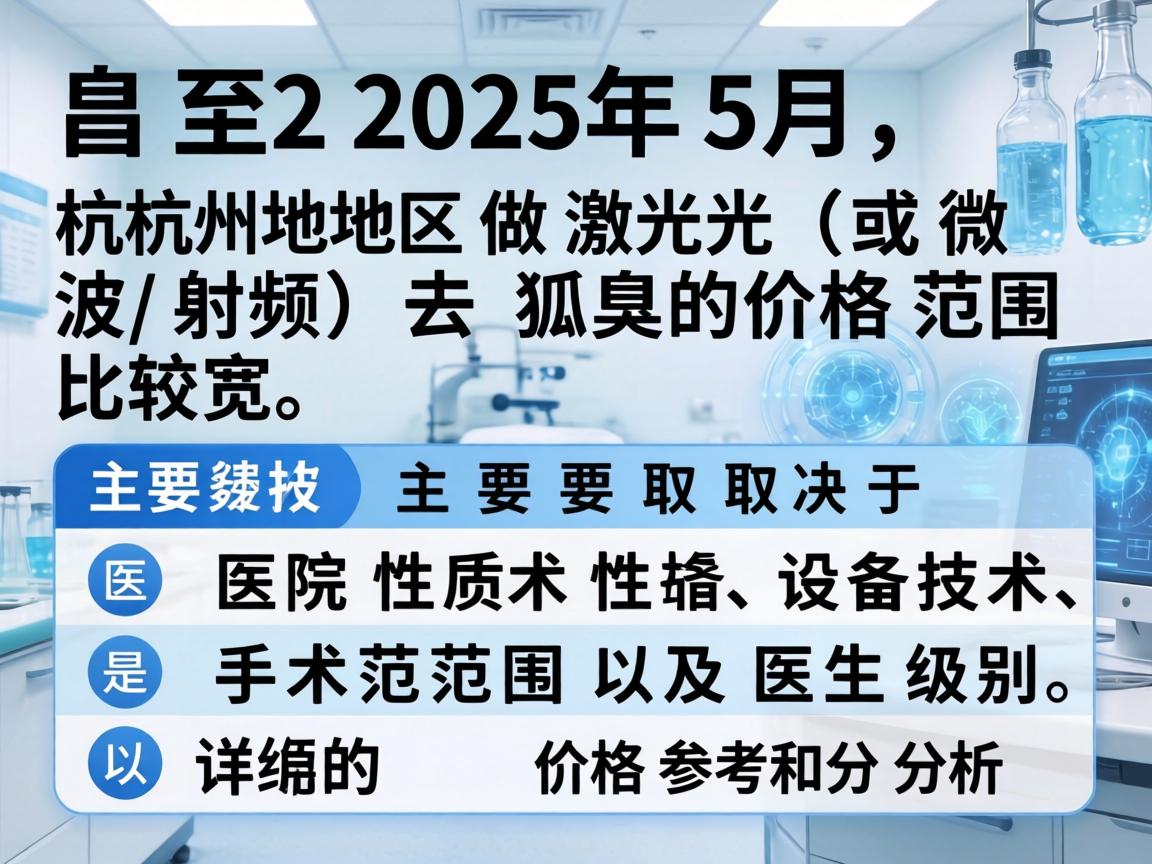截至2025年5月，杭州地区做激光（或微波/射频）去狐臭的价格范围比较宽，主要取决于医院性质、设备技术、手术范围以及医生级别。以下是详细的价格参考和分析