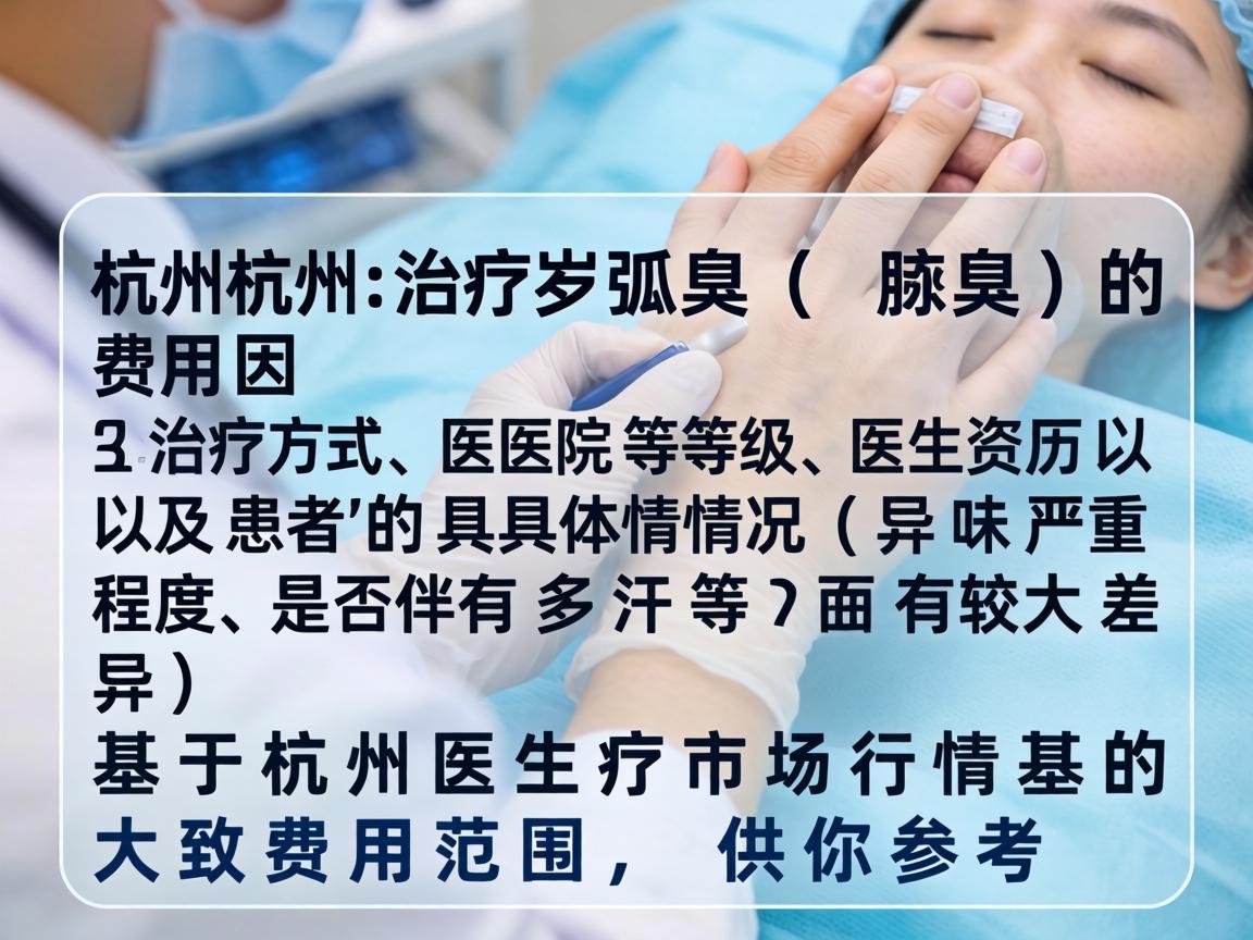 在杭州治疗狐臭（腋臭）的费用因治疗方式、医院等级、医生资历以及患者的具体情况（如异味严重程度、是否伴有多汗等）而有较大差异。以下是基于杭州医疗市场行情的大致费用范围，供你参考