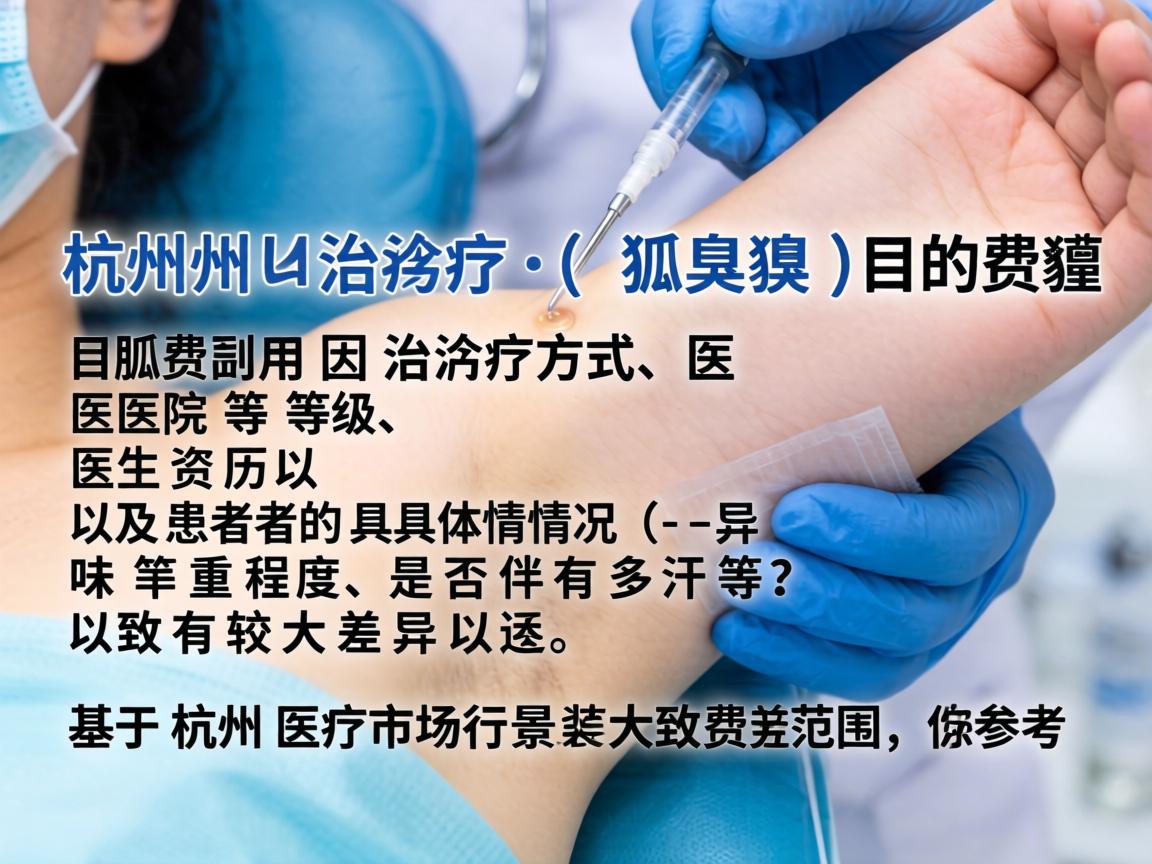 在杭州治疗狐臭（腋臭）的费用因治疗方式、医院等级、医生资历以及患者的具体情况（如异味严重程度、是否伴有多汗等）而有较大差异。以下是基于杭州医疗市场行情的大致费用范围，供你参考