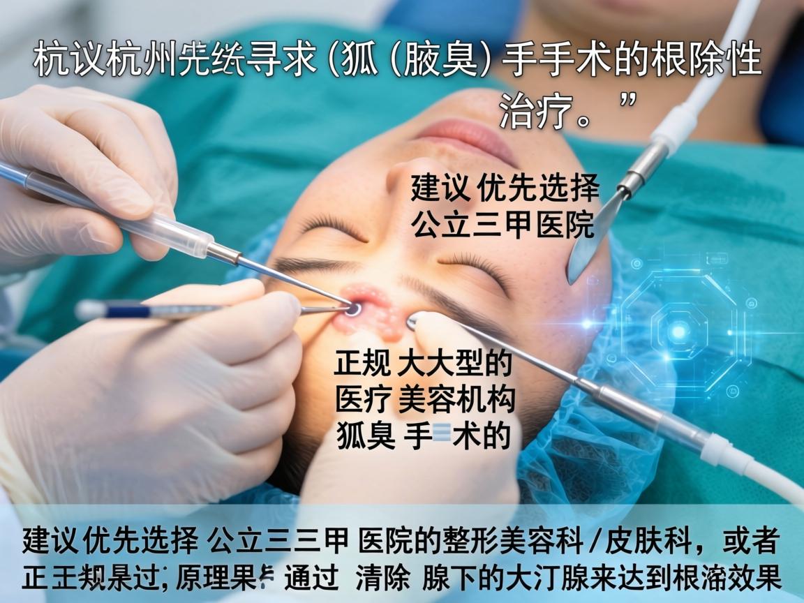 在杭州，要寻求狐臭（腋臭）手术的根除性治疗，建议优先选择公立三甲医院的整形美容科/皮肤科，或者正规大型的医疗美容机构。狐臭手术的原理是通过清除腋下的大汗腺来达到根治效果