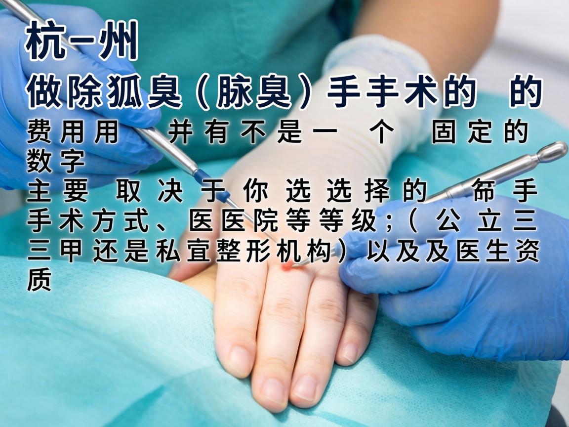 在杭州,做除狐臭(腋臭)手术的费用并不是一个固定的数字,主要取决于你选择的手术方式、医院等级(公立三甲还是私立整形机构)以及医生资质 在杭州,做除狐臭(腋臭)手术的费用并不是一个固定的数字,主要取决于你选择的手术方式、医院等级(公立三甲还是私立整形机构)以及医生资质