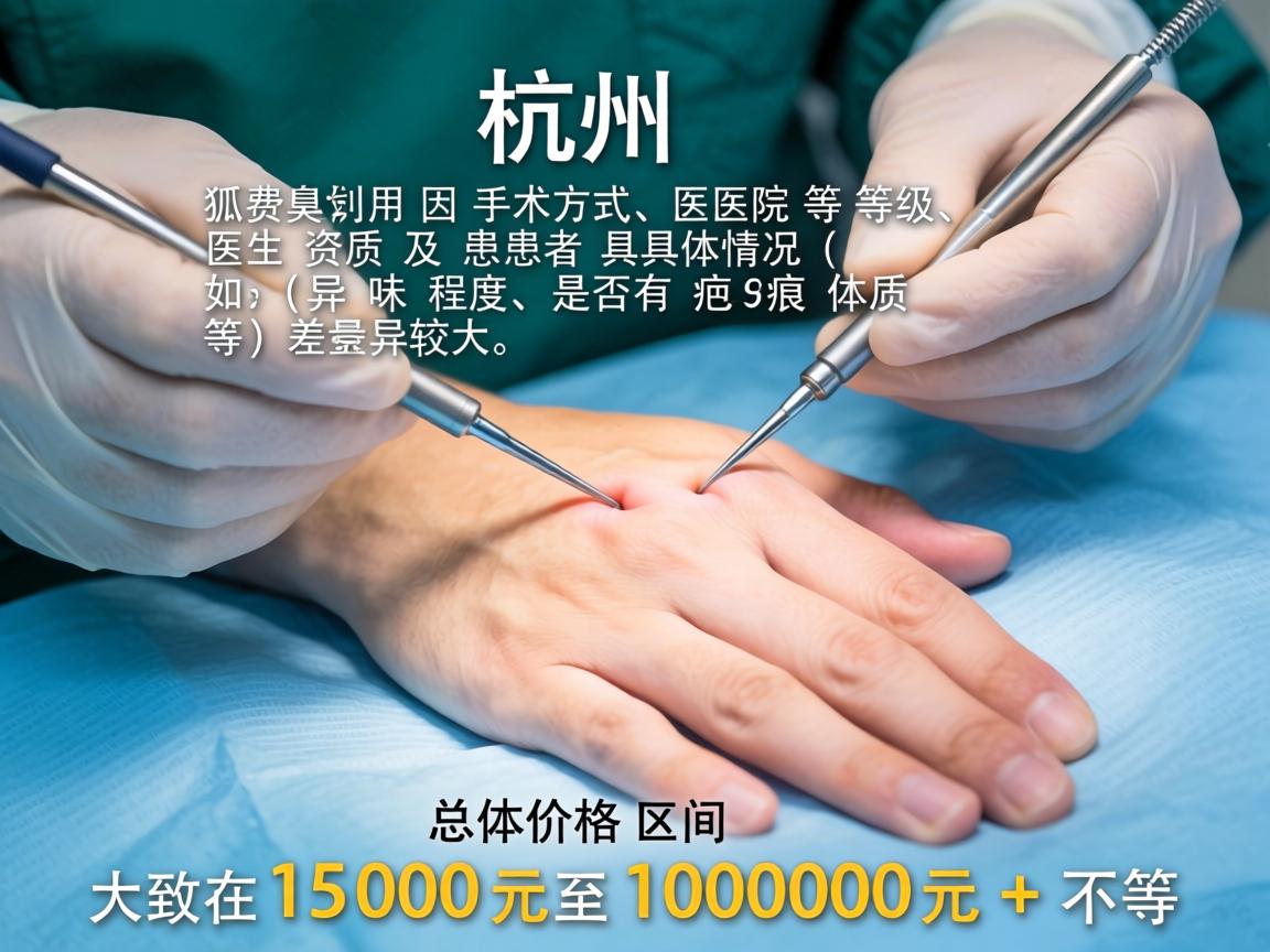 在杭州，狐臭手术的费用因手术方式、医院等级、医生资质及患者具体情况（如异味程度、是否有疤痕体质等）差异较大。总体价格区间大致在1500元至10000元+不等