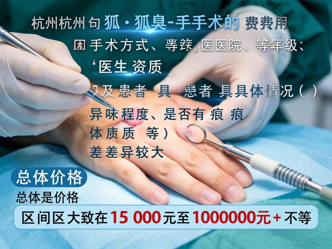 在杭州，狐臭手术的费用因手术方式、医院等级、医生资质及患者具体情况（如异味程度、是否有疤痕体质等）差异较大。总体价格区间大致在1500元至10000元+不等