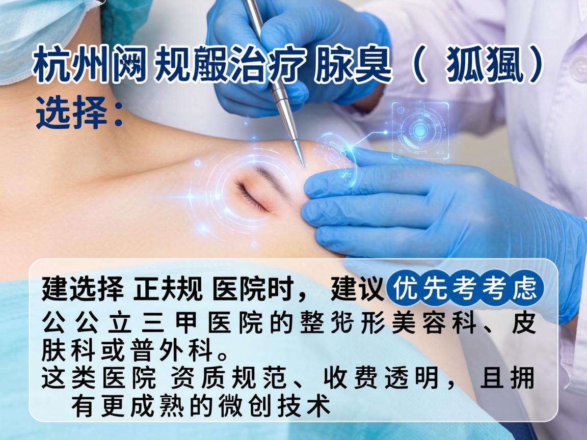 在杭州，治疗腋臭（狐臭）选择正规医院时，建议优先考虑公立三甲医院的整形美容科、皮肤科或普外科。这类医院资质规范、收费透明，且拥有更成熟的微创技术