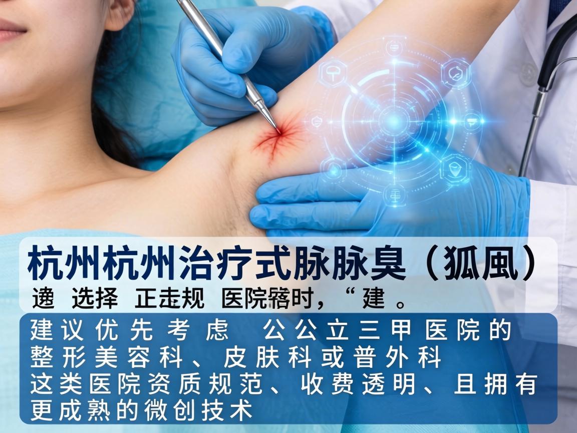 在杭州，治疗腋臭（狐臭）选择正规医院时，建议优先考虑公立三甲医院的整形美容科、皮肤科或普外科。这类医院资质规范、收费透明，且拥有更成熟的微创技术