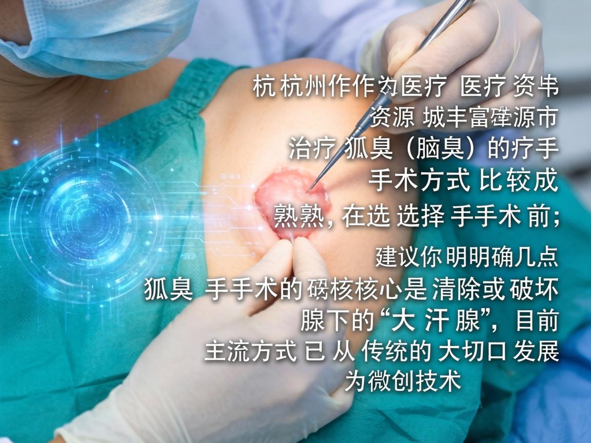 杭州作为医疗资源丰富的城市，治疗狐臭（腋臭）的手术方式比较成熟。在选择手术前，建议你明确几点，狐臭手术的核心是清除或破坏腋下的大汗腺，目前主流方式已从传统的大切口发展为微创技术