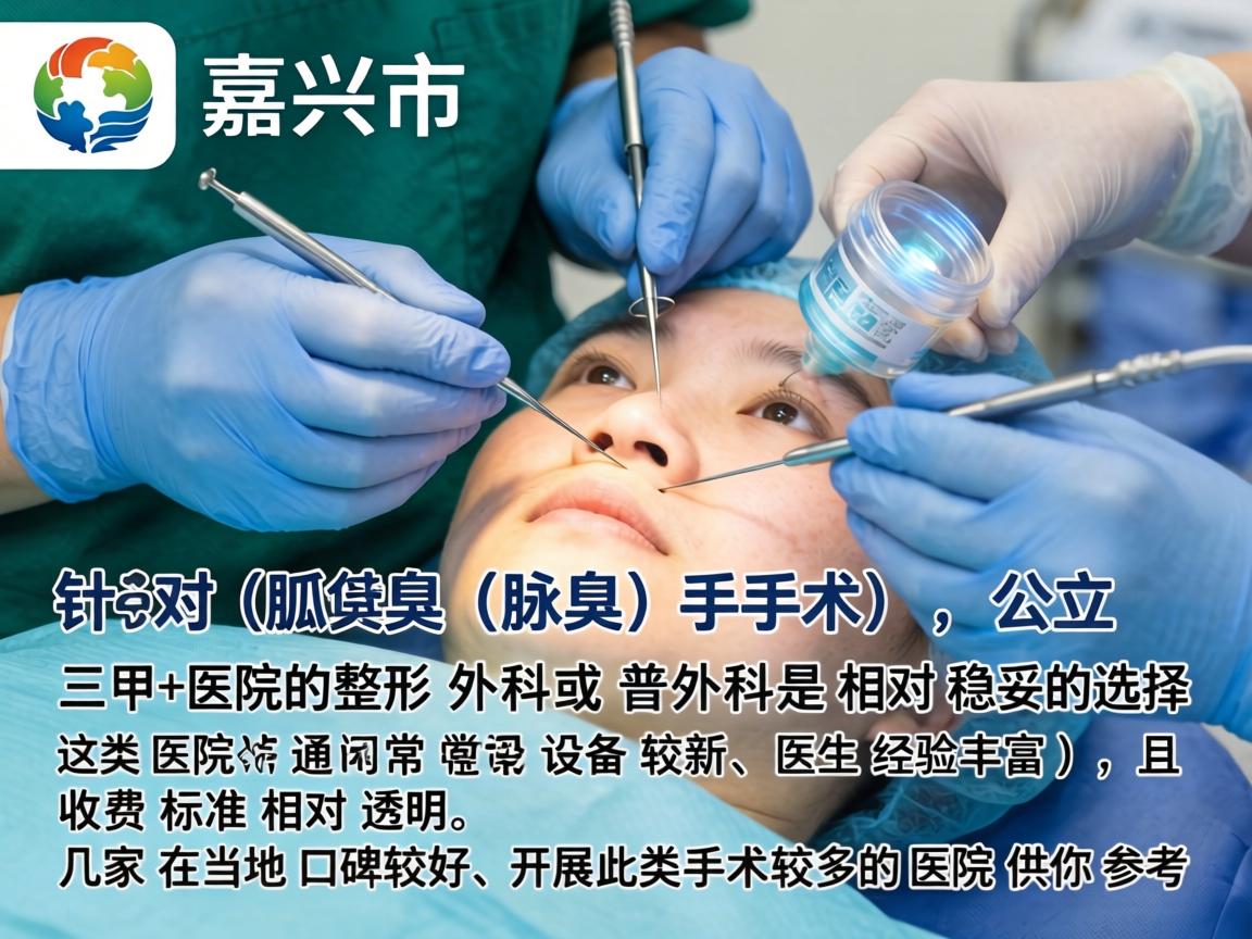 在嘉兴市，针对狐臭（腋臭）手术，公立三甲医院的整形外科或普外科是相对稳妥的选择。这类医院通常设备较新、医生经验丰富，且收费标准相对透明。以下是几家在当地口碑较好、开展此类手术较多的医院供你参考