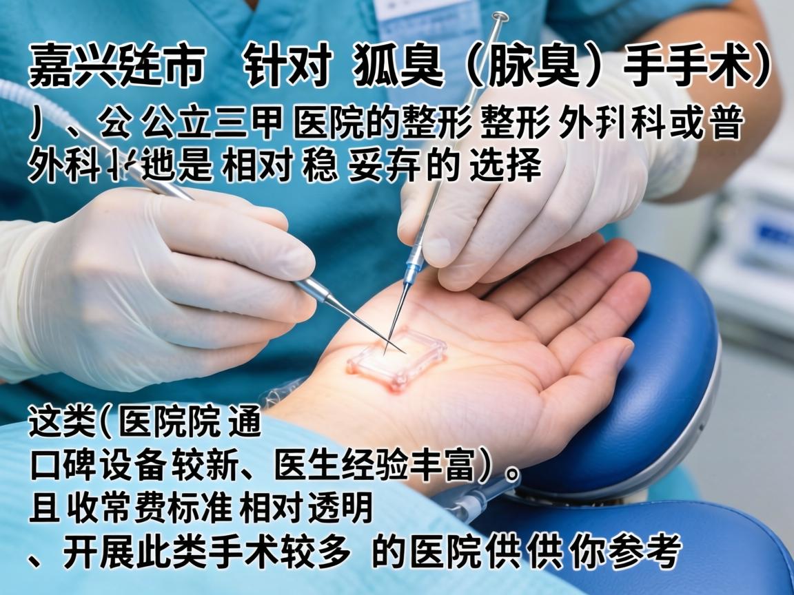 在嘉兴市，针对狐臭（腋臭）手术，公立三甲医院的整形外科或普外科是相对稳妥的选择。这类医院通常设备较新、医生经验丰富，且收费标准相对透明。以下是几家在当地口碑较好、开展此类手术较多的医院供你参考