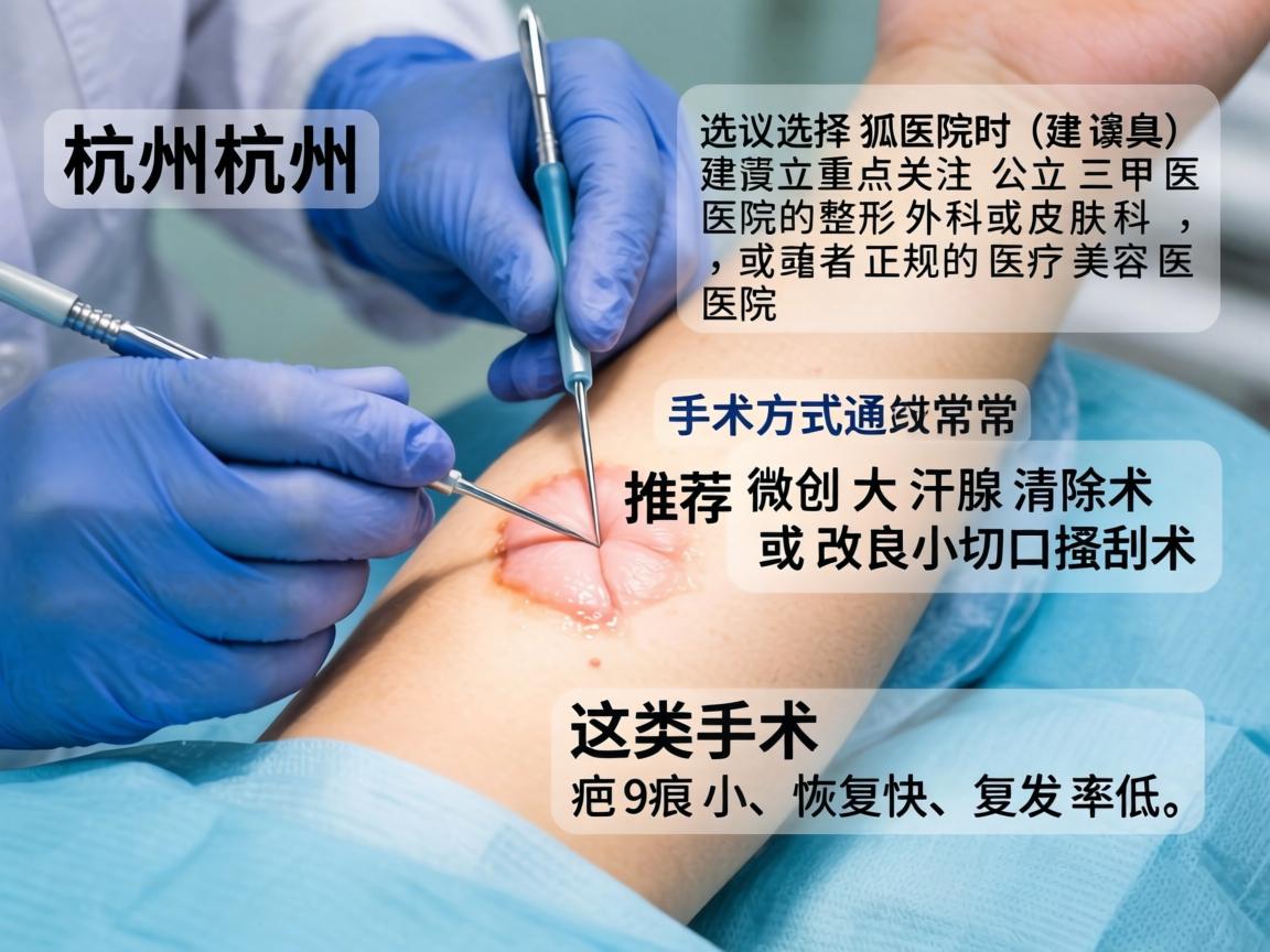 在杭州，针对狐臭（腋臭）手术，选择医院时建议重点关注公立三甲医院的整形外科或皮肤科，或者正规的医疗美容医院。手术方式通常推荐微创大汗腺清除术或改良小切口搔刮术，这类手术疤痕小、恢复快、复发率低