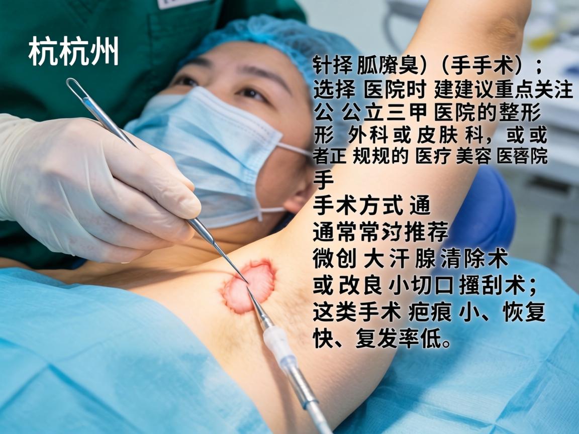 在杭州，针对狐臭（腋臭）手术，选择医院时建议重点关注公立三甲医院的整形外科或皮肤科，或者正规的医疗美容医院。手术方式通常推荐微创大汗腺清除术或改良小切口搔刮术，这类手术疤痕小、恢复快、复发率低