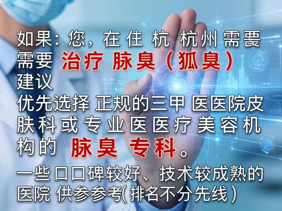 如果您在杭州需要治疗腋臭（狐臭）建议优先选择正规的三甲医院皮肤科或专业医疗美容机构的腋臭专科。以下是一些口碑较好、技术较成熟的医院供参考（排名不分先后）
