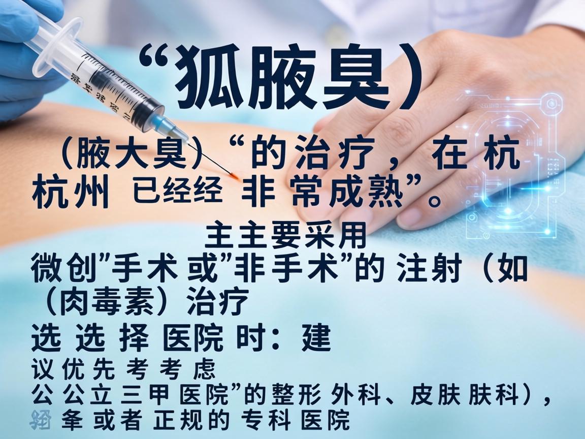 狐臭（腋臭）的治疗在杭州已经非常成熟，主要采用微创手术或非手术的注射（如肉毒素）治疗。选择医院时，建议优先考虑公立三甲医院的整形外科、皮肤科，或者正规的专科医院