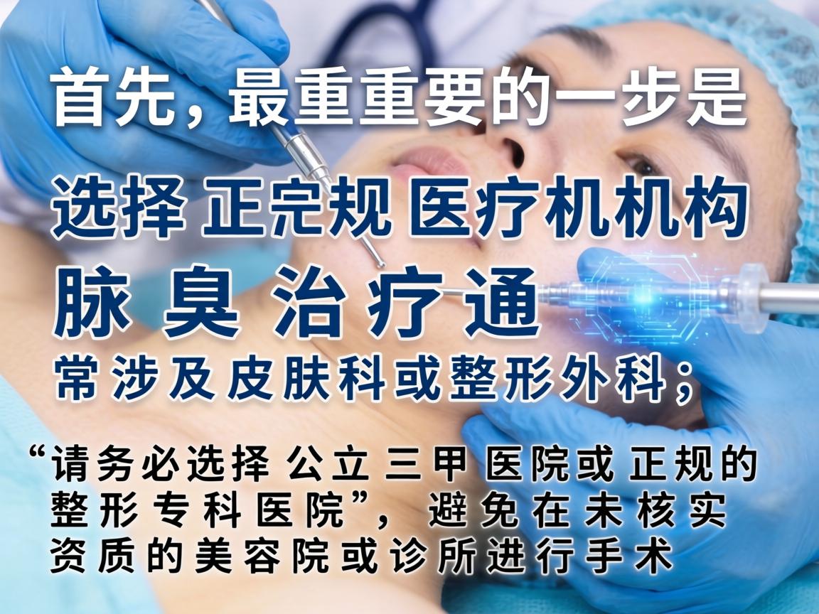 首先，最重要的一步是选择正规医疗机构。腋臭治疗通常涉及皮肤科或整形外科，请务必选择公立三甲医院或正规的整形专科医院，避免在未核实资质的美容院或诊所进行手术