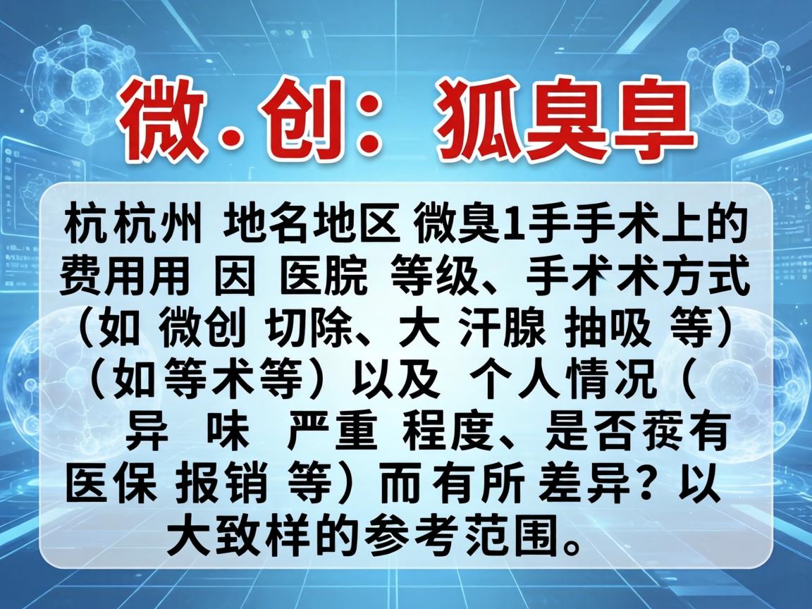 杭州地区微创狐臭手术的费用因医院等级、手术方式（如微创切除、大汗腺抽吸等）及个人情况（如异味严重程度、是否有医保报销等）而有所差异。以下是大致的参考范围