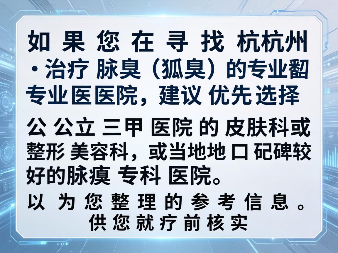 如果您在寻找杭州治疗腋臭（狐臭）的专业医院，建议优先选择公立三甲医院的皮肤科或整形美容科，或当地口碑较好的腋臭专科医院。以下是为您整理的参考信息，供您就医前核实