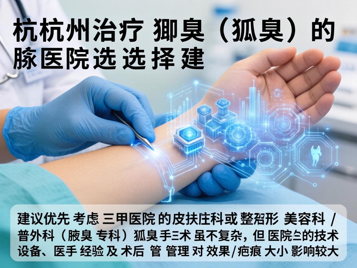 杭州治疗狐臭（腋臭）的医院选择，建议优先考虑三甲医院的皮肤科或整形美容科/普外科（腋臭专科）狐臭手术虽不复杂，但医院的技术设备、医生经验及术后管理对效果和疤痕大小影响较大