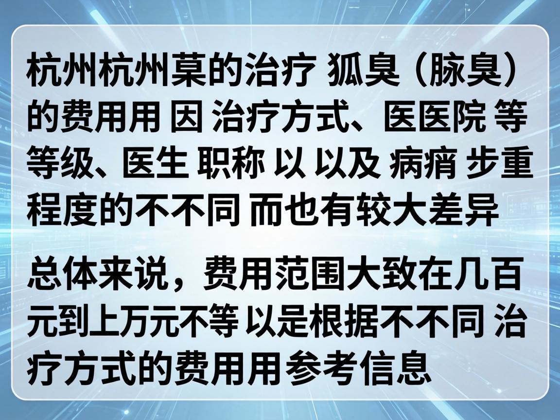 在杭州治疗狐臭（腋臭）的费用因治疗方式、医院等级、医生职称以及病情严重程度的不同而有较大差异。总体来说，费用范围大致在几百元到上万元不等。以下是根据不同治疗方式的费用参考信息