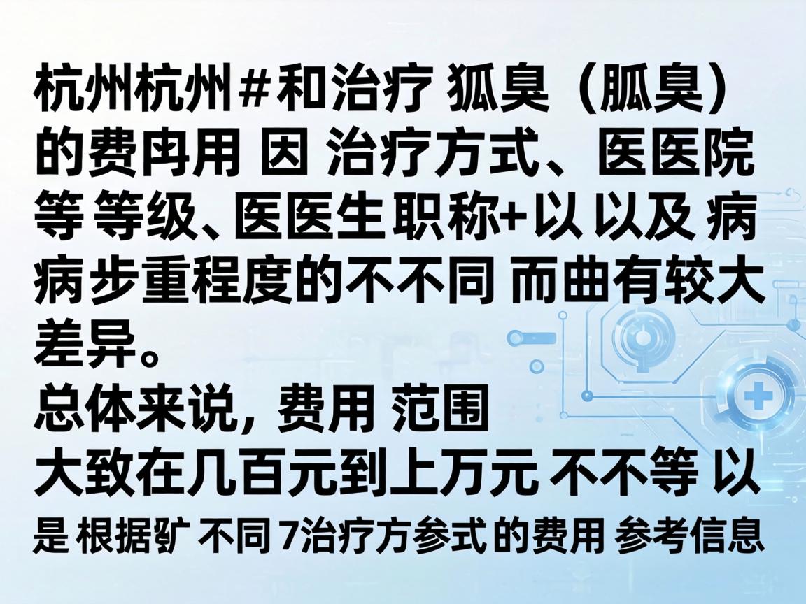 在杭州治疗狐臭（腋臭）的费用因治疗方式、医院等级、医生职称以及病情严重程度的不同而有较大差异。总体来说，费用范围大致在几百元到上万元不等。以下是根据不同治疗方式的费用参考信息