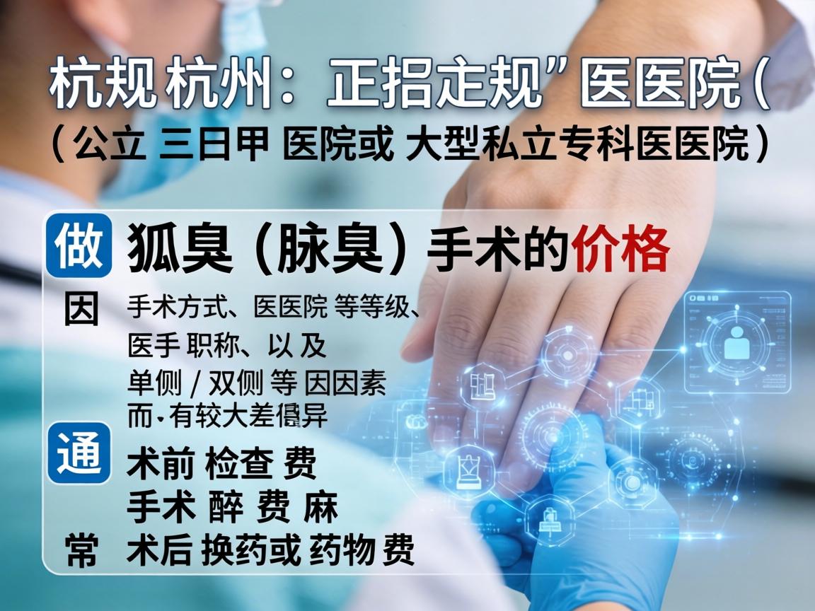 在杭州，正规医院（公立三甲医院或大型私立专科医院）做狐臭（腋臭）手术的价格因手术方式、医院等级、医生职称、以及单侧/双侧等因素而有较大差异。通常包括术前检查费、手术费、麻醉费、术后换药或药物费
