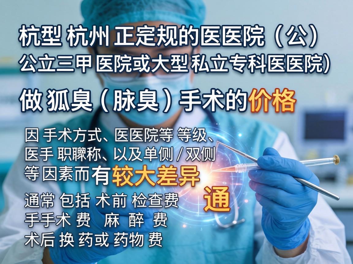 在杭州，正规医院（公立三甲医院或大型私立专科医院）做狐臭（腋臭）手术的价格因手术方式、医院等级、医生职称、以及单侧/双侧等因素而有较大差异。通常包括术前检查费、手术费、麻醉费、术后换药或药物费