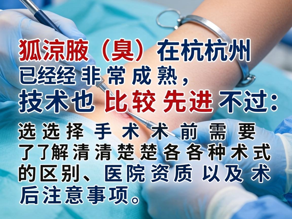 狐臭（腋臭）手术在杭州已经非常成熟，技术也比较先进。不过，选择手术前需要了解清楚各种术式的区别、医院资质以及术后注意事项