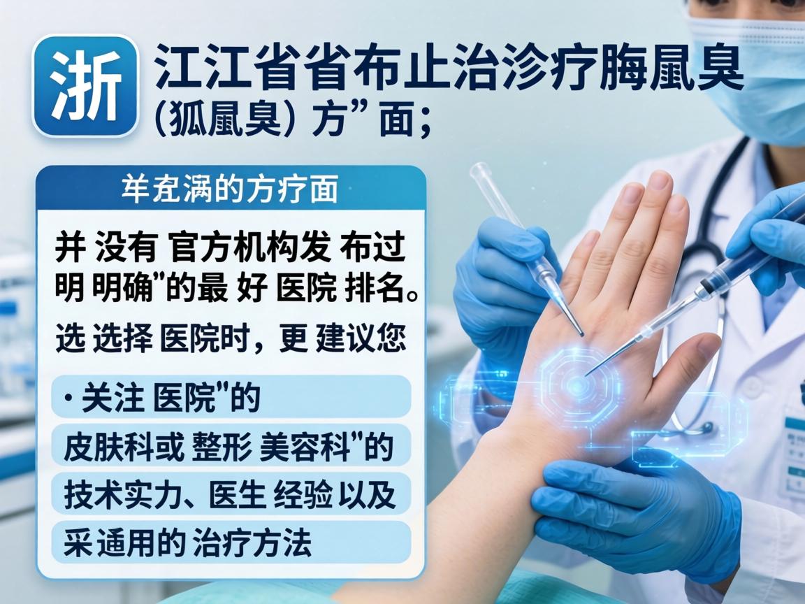浙江省在治疗腋臭（狐臭）方面，并没有官方机构发布过明确的最好医院排名。选择医院时，更建议您关注医院的皮肤科或整形美容科的技术实力、医生经验以及采用的治疗方法