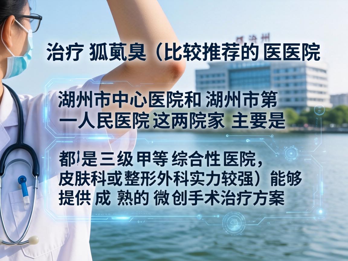 在湖州,治疗腋臭(狐臭)比较推荐的医院主要是湖州市中心医院和湖州市第一人民医院。这两家都是三级甲等综合性医院,皮肤科或整形外科实力较强,能够提供成熟的微创手术治疗方案 在湖州,治疗腋臭(狐臭)比较推荐的医院主要是湖州市中心医院和湖州市第一人民医院。这两家都是三级甲等综合性医院,皮肤科或整形外科实力较强,能够提供成熟的微创手术治疗方案