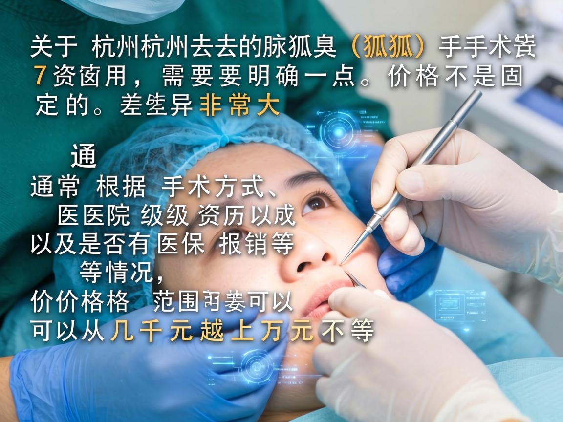 关于杭州去腋臭（狐臭）手术的费用，需要明确一点，价格不是固定的，差异非常大。通常根据手术方式、医院级别、医生资历以及是否有医保报销等情况，价格范围可以从几千元到上万元不等