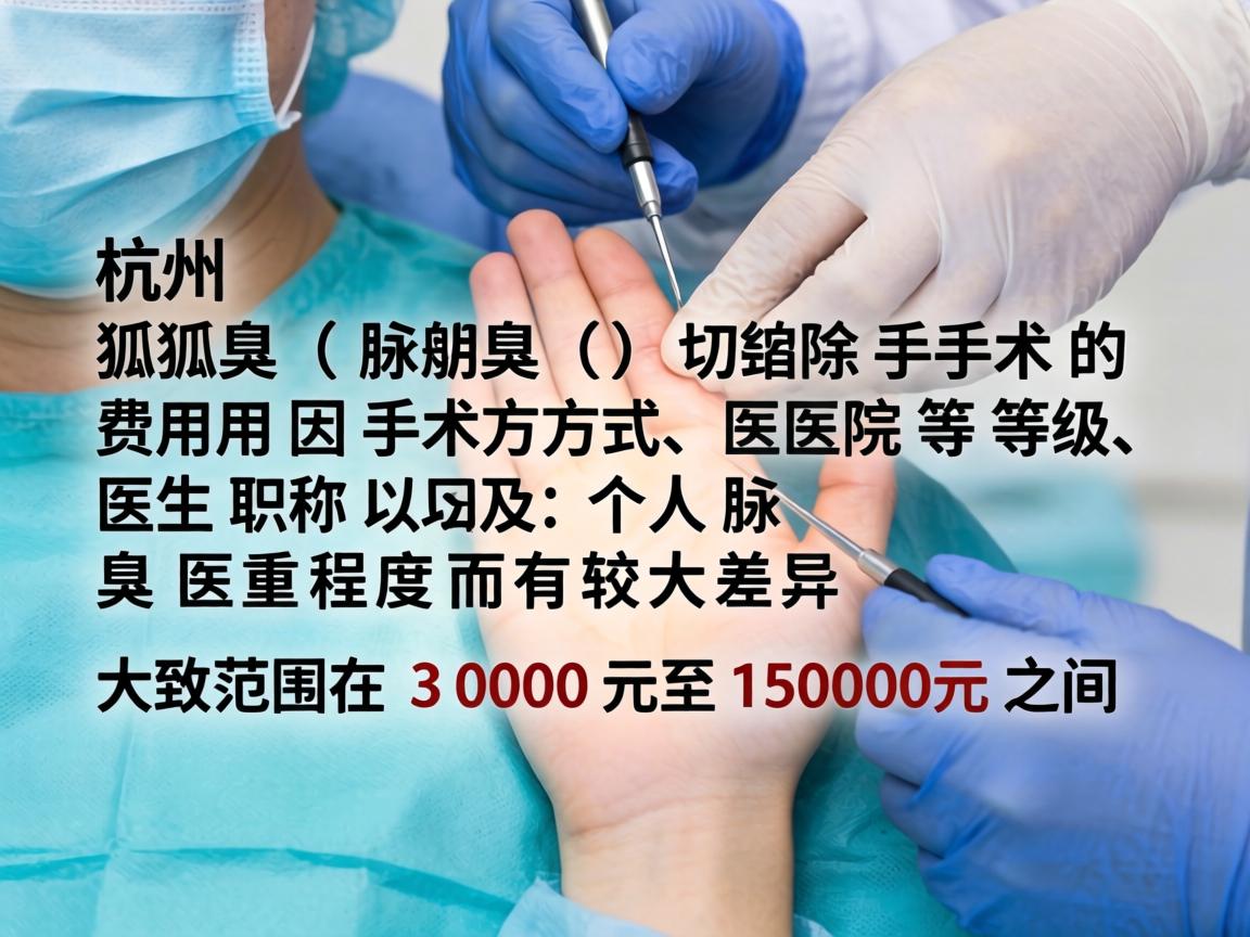 在杭州进行狐臭（腋臭）切除手术的费用因手术方式、医院等级、医生职称以及个人腋臭严重程度而有较大差异。大致范围在 3000元至15000元 之间