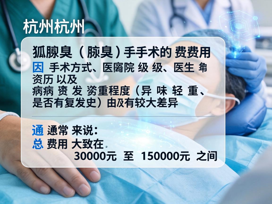 在杭州，狐臭（腋臭）手术的费用因手术方式、医院级别、医生资历以及病情严重程度（异味轻重、是否有复发史）而有较大差异。通常来说，总费用大致在 3000元 至 15000元 之间