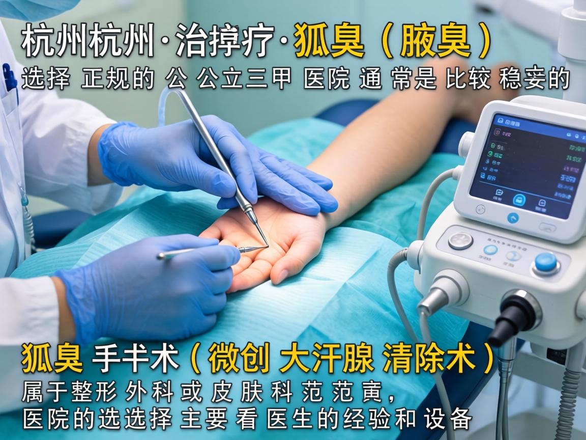 在杭州治疗狐臭（腋臭）选择正规的公立三甲医院通常是比较稳妥的。狐臭手术（微创大汗腺清除术）属于整形外科或皮肤科的范畴，医院的选择主要看医生的经验和设备