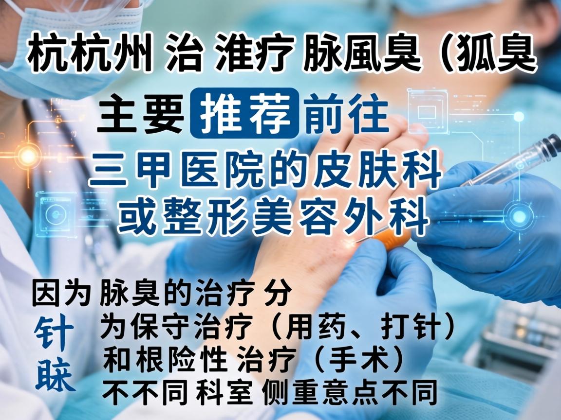 在杭州，治疗腋臭（狐臭）主要推荐前往三甲医院的皮肤科或整形美容外科。因为腋臭的治疗分为保守治疗（用药、打针）和根治性治疗（手术）不同科室侧重点不同