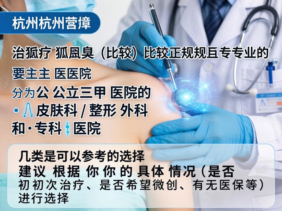 在杭州，治疗腋臭（狐臭）比较正规且专业的医院主要分为公立三甲医院的皮肤科/整形外科和专科医院。以下是几类可以参考的选择，建议根据你的具体情况（是否初次治疗、是否希望微创、有无医保等）进行选择
