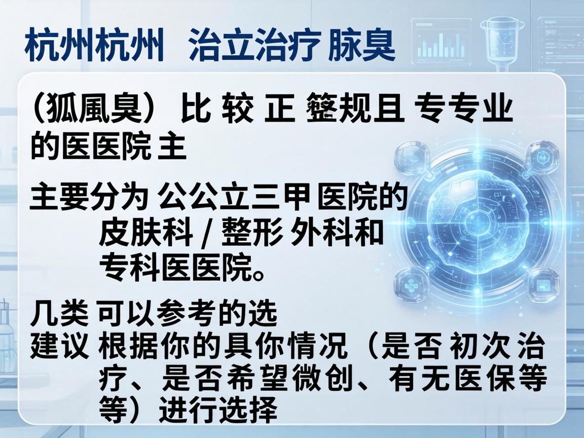 在杭州，治疗腋臭（狐臭）比较正规且专业的医院主要分为公立三甲医院的皮肤科/整形外科和专科医院。以下是几类可以参考的选择，建议根据你的具体情况（是否初次治疗、是否希望微创、有无医保等）进行选择